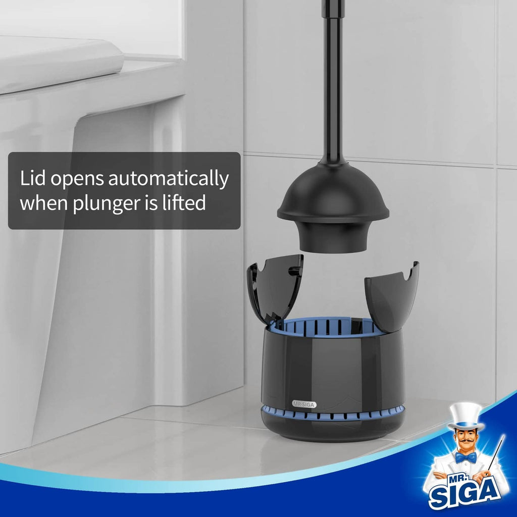Black toilet plunger head and holder base with open lid, MR.SIGA.