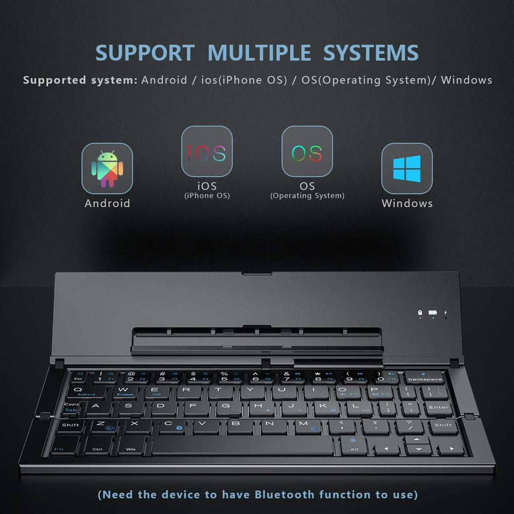 Foldable Bluetooth keyboard opened to show keys and function panel, dark gray.