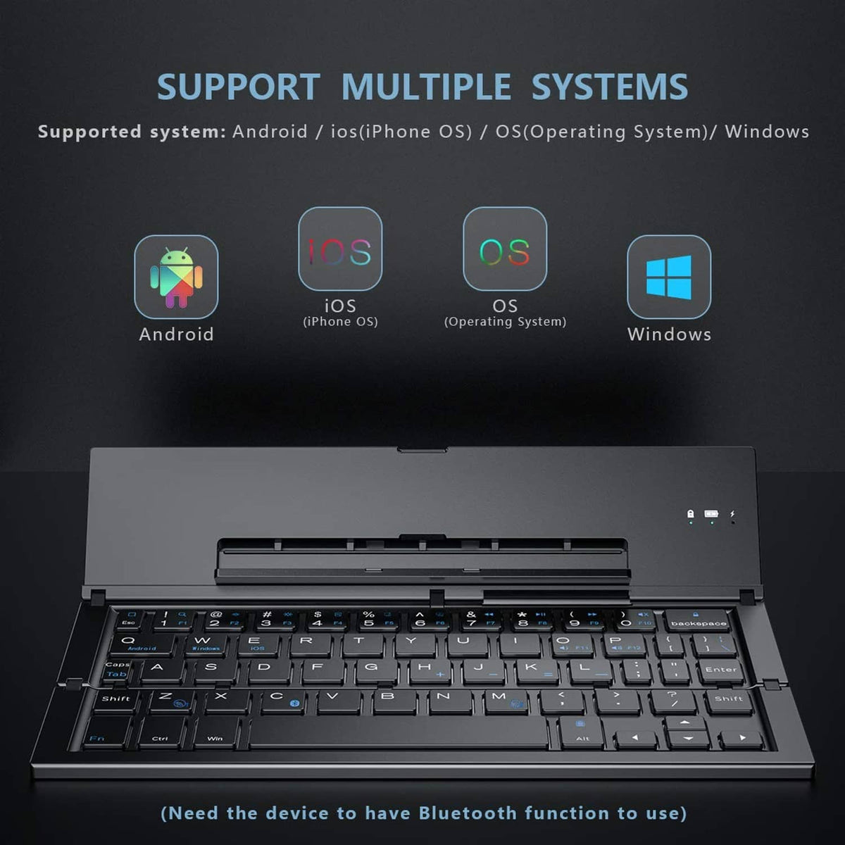Foldable Bluetooth keyboard opened to show keys and function panel, dark gray.