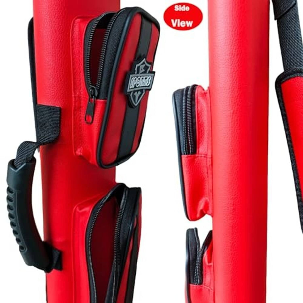 Red pool cue case close-up with zipper pockets and adjustable strap hardware.
