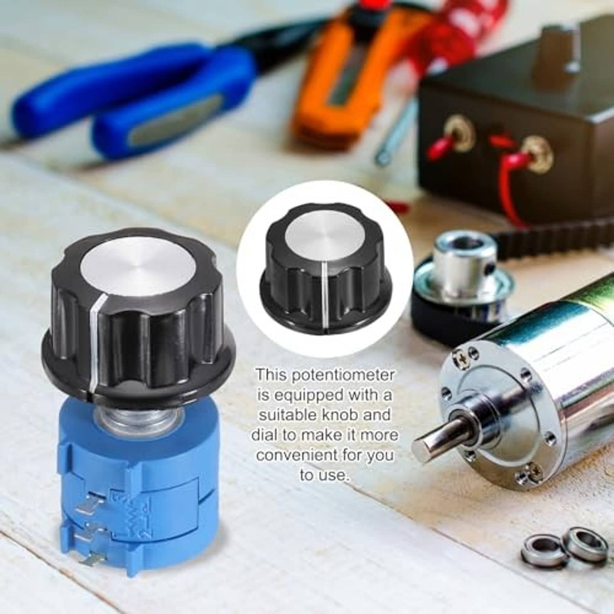 Rotary potentiometer with black knob and blue body, with metal shaft and mounting