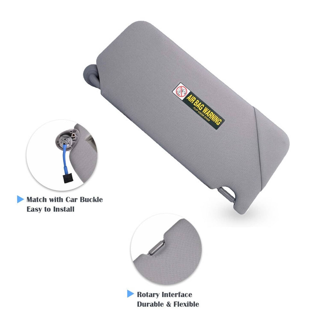 Gray sun visor pair with warning label, match car buckle clip