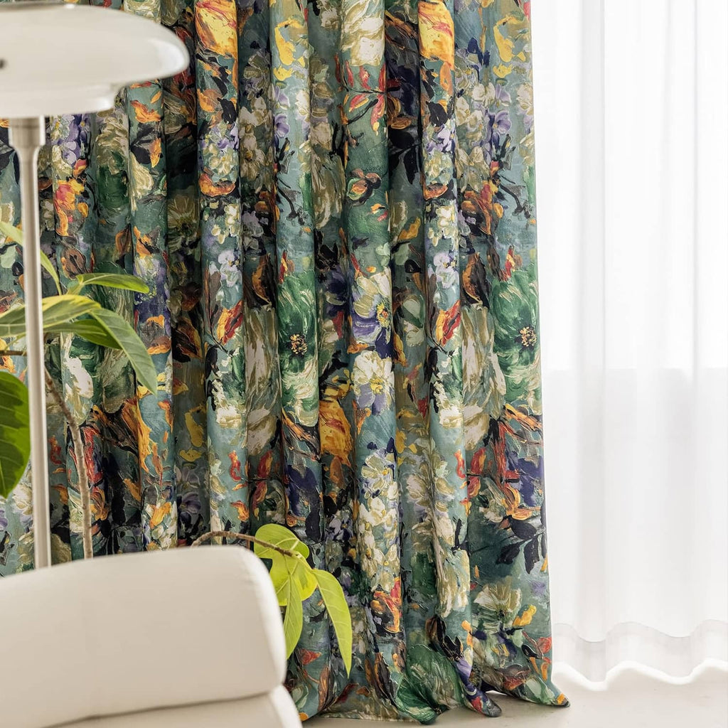 Green floral curtain panel with multicolor blossoms and layered pleats
