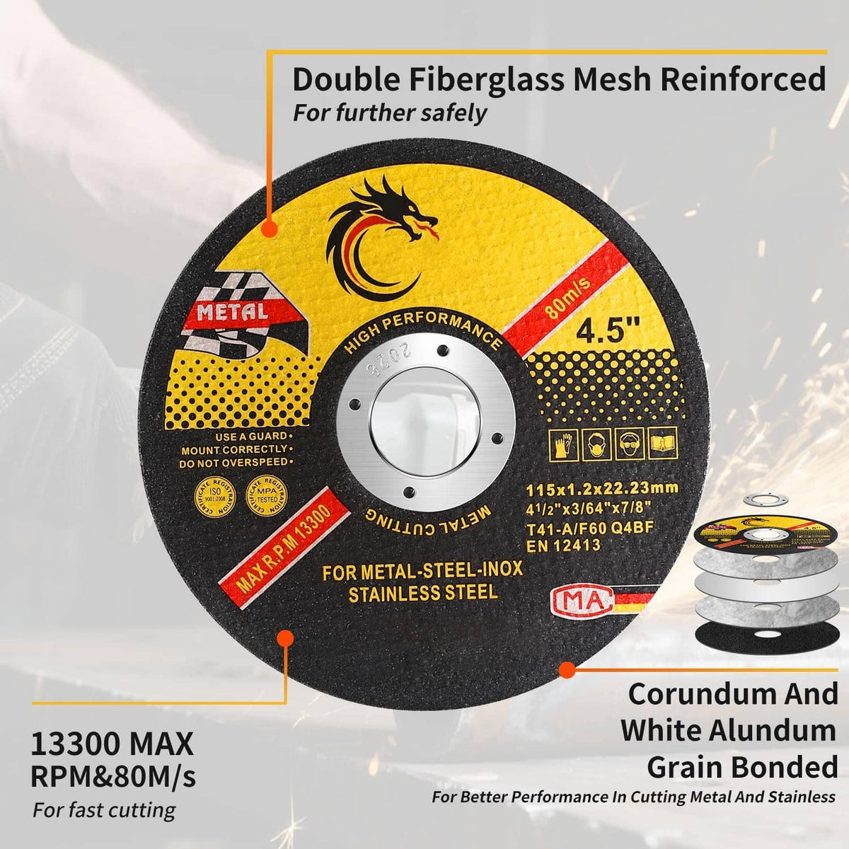 Single 4.5 in metal cutting disc, yellow/black with center hole and safety text