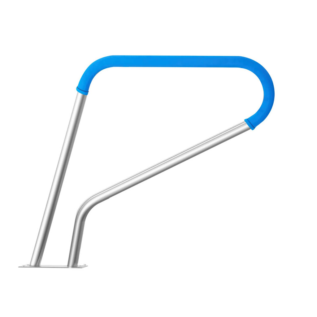 Stainless steel pool handrail with blue padded U-shaped grip