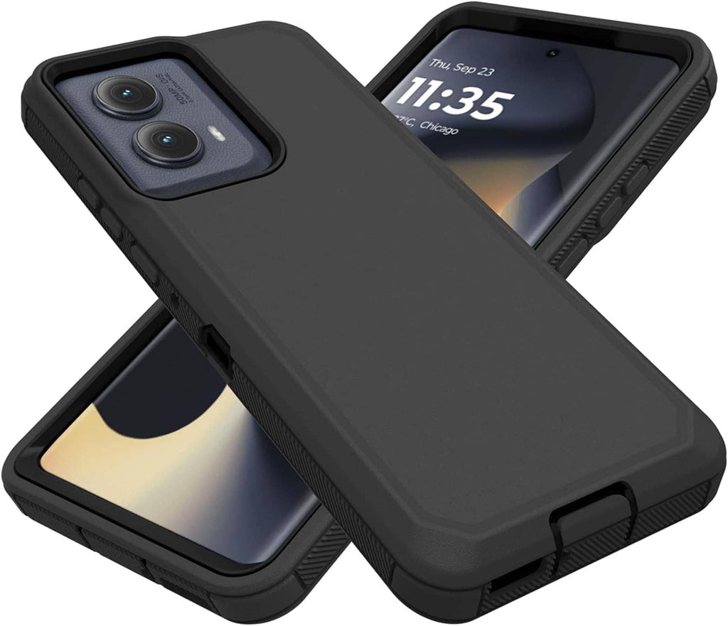 Heavy-duty black phone case with camera cutouts, raised edges, and rugged bumper corners