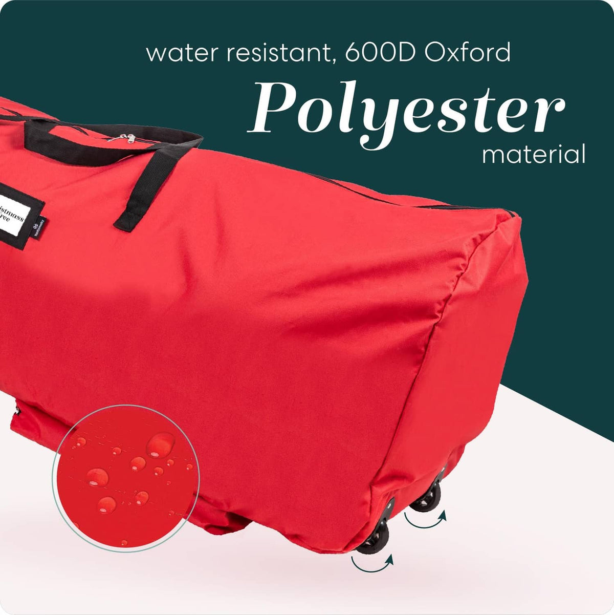 Red storage bag on rolling wheels with reinforced corners and black straps