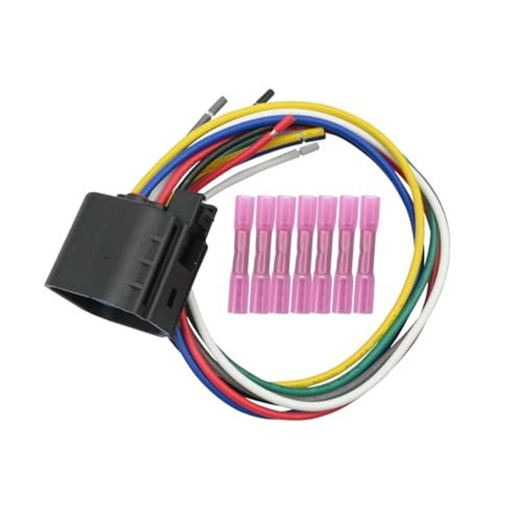 Headlight wiring harness connector pigtail with multi-color wires and pink terminal seals