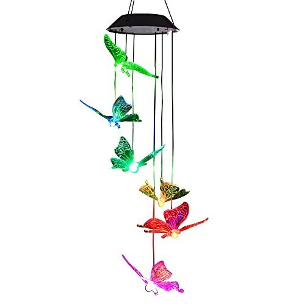 Color-changing butterfly wind chime mobile with a black solar lantern top