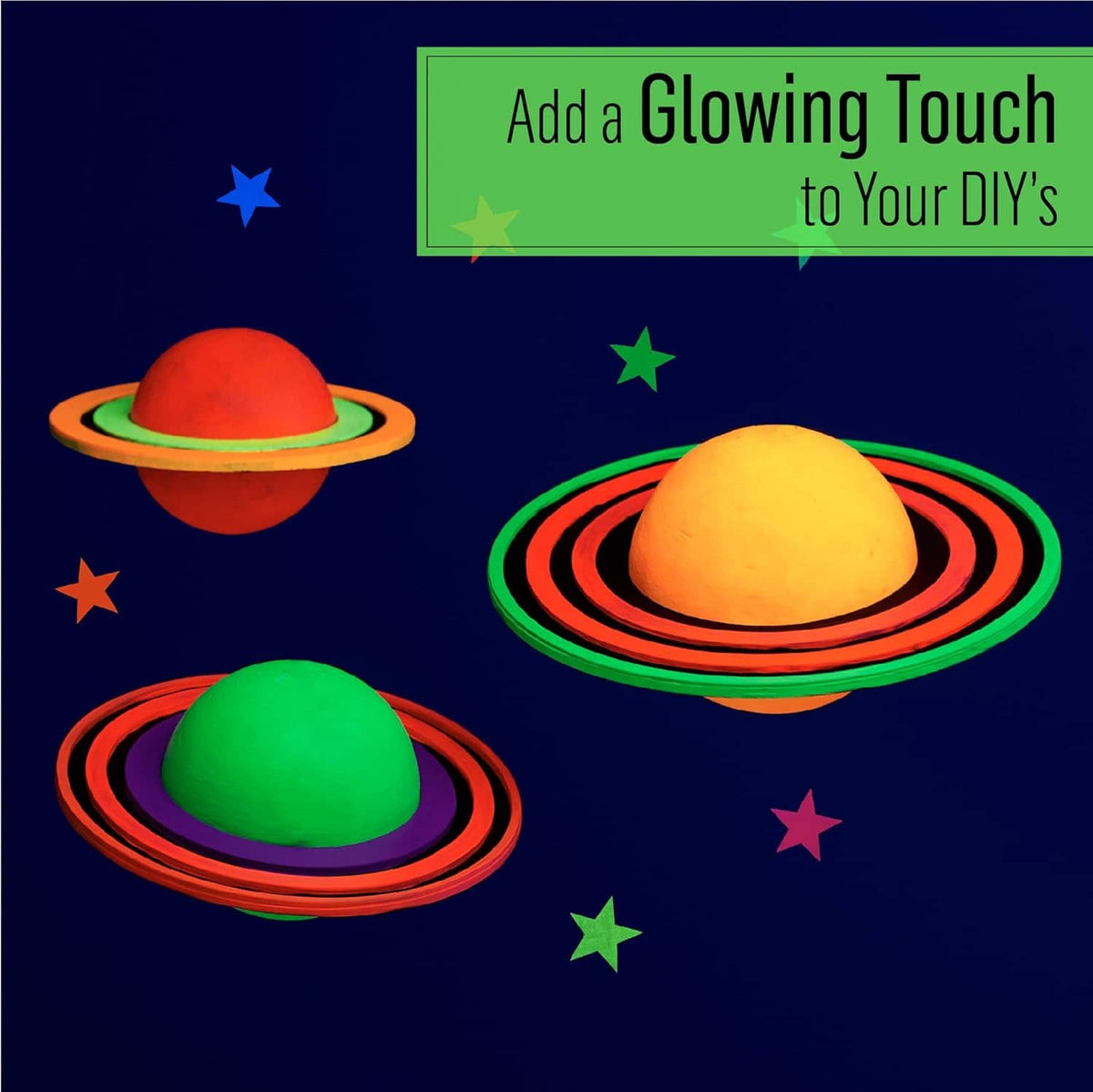 Glow-in-the-dark paint creates glowing accents on craft planet toys, green glow rings.