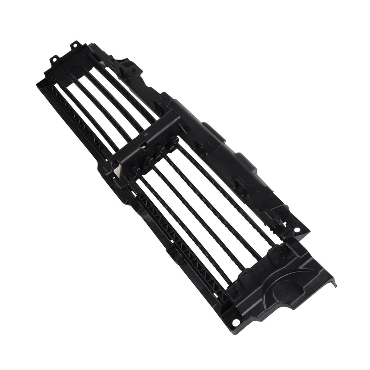 Upper radiator air shutter grille with motor, top-down view of black vent slat housing