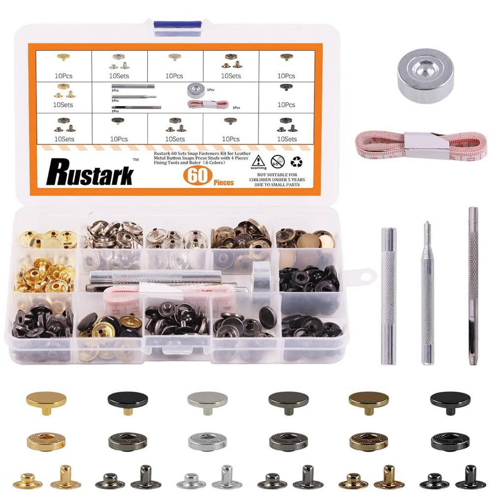 60-piece snap fastener kit in clear organizer case with metal snap parts and install tools