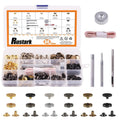 60-piece snap fastener kit in clear organizer case with metal snap parts and install tools