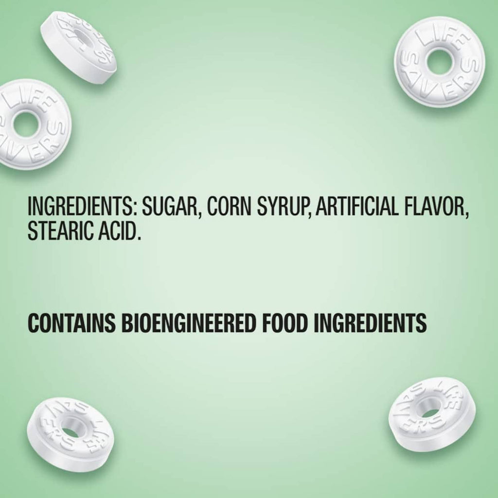 Ingredients label for hard candy mints, including sugar and artificial flavor