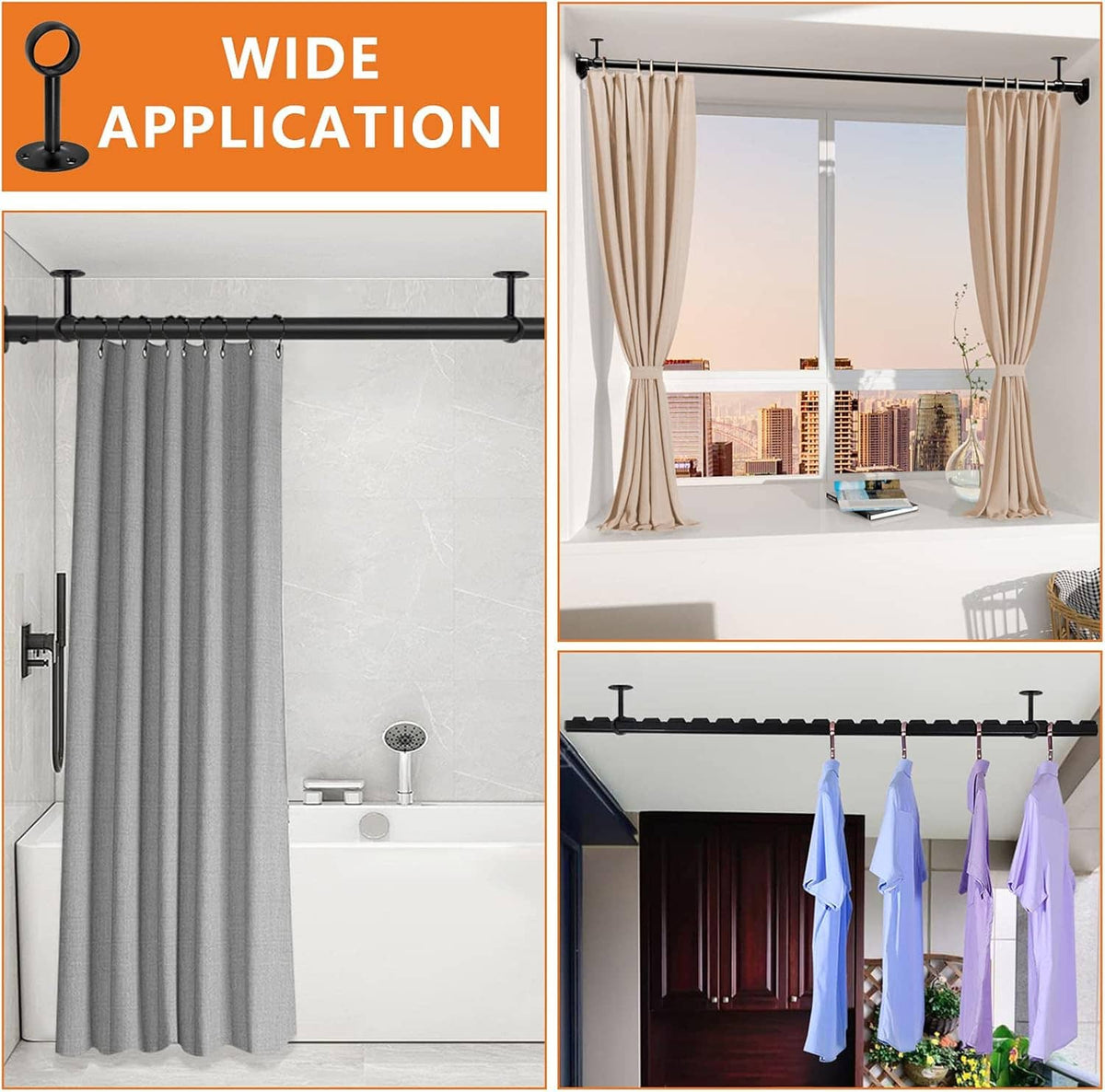 Ceiling and closet curtain rod brackets set with black metal holders and flange plates