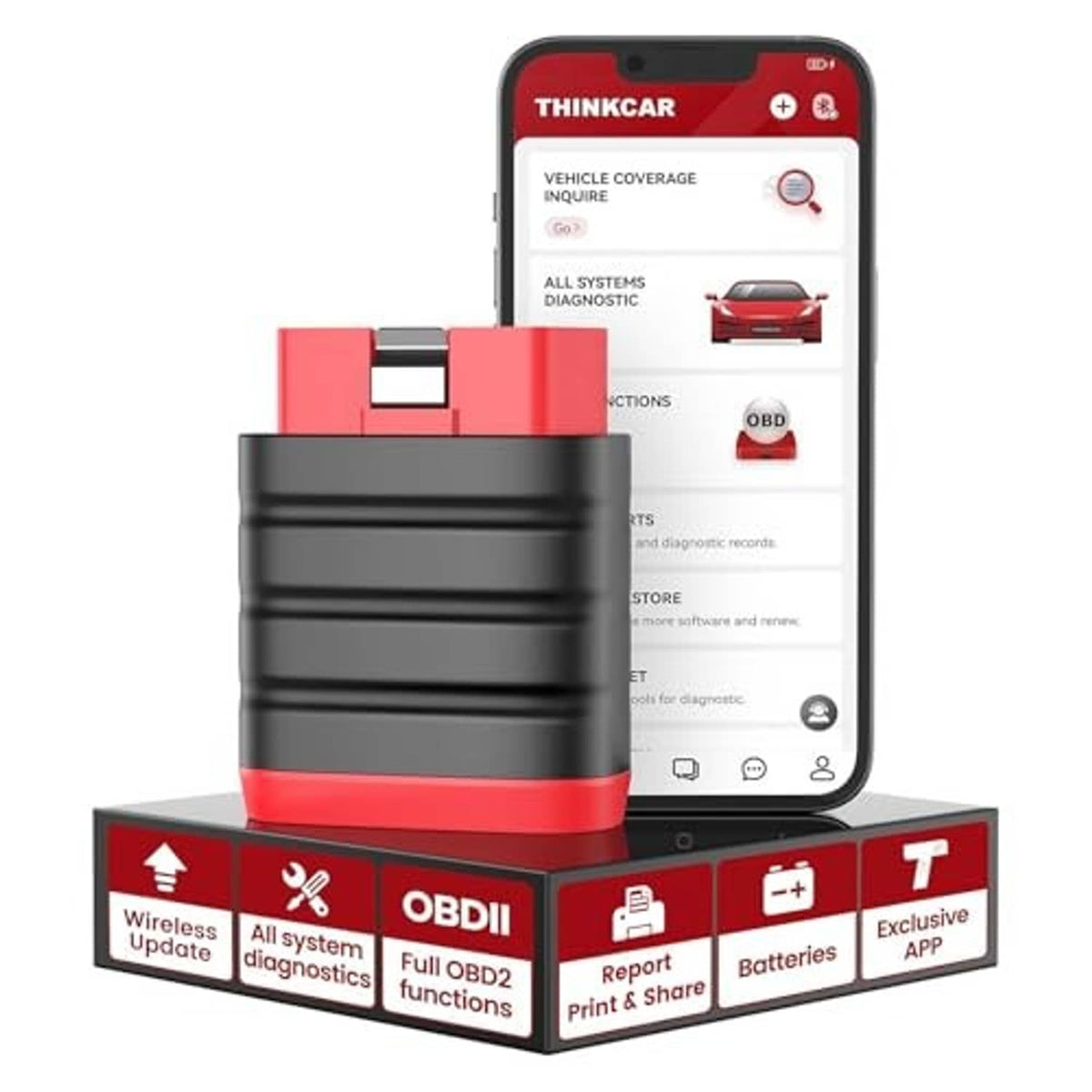 Thinkdiag Mini Bluetooth OBD2 scanner with app screen and red-black display dock