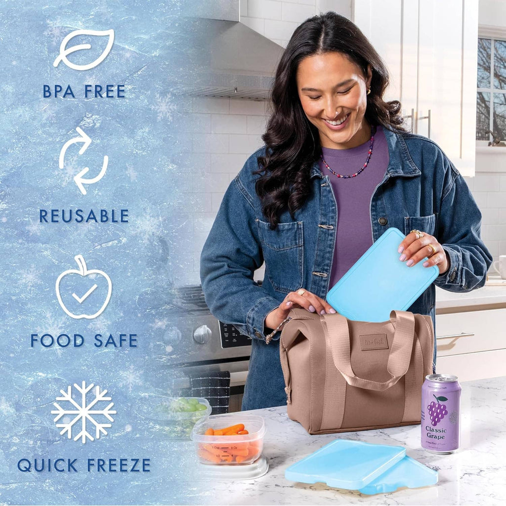 Blue slim reusable ice pack held with other lunch items in a reusable cooler bag
