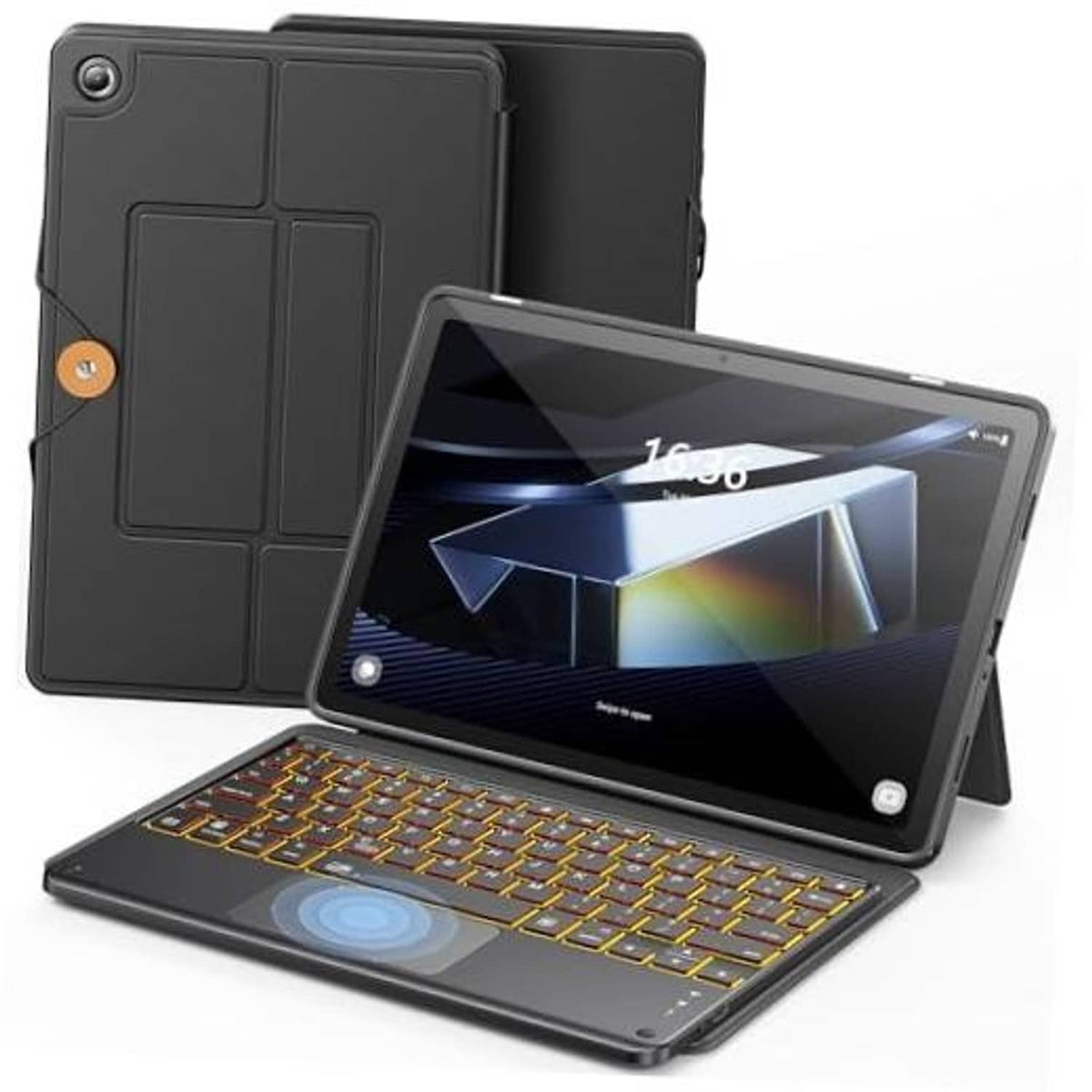 Black tablet keyboard case with folding cover and backlit keyboard
