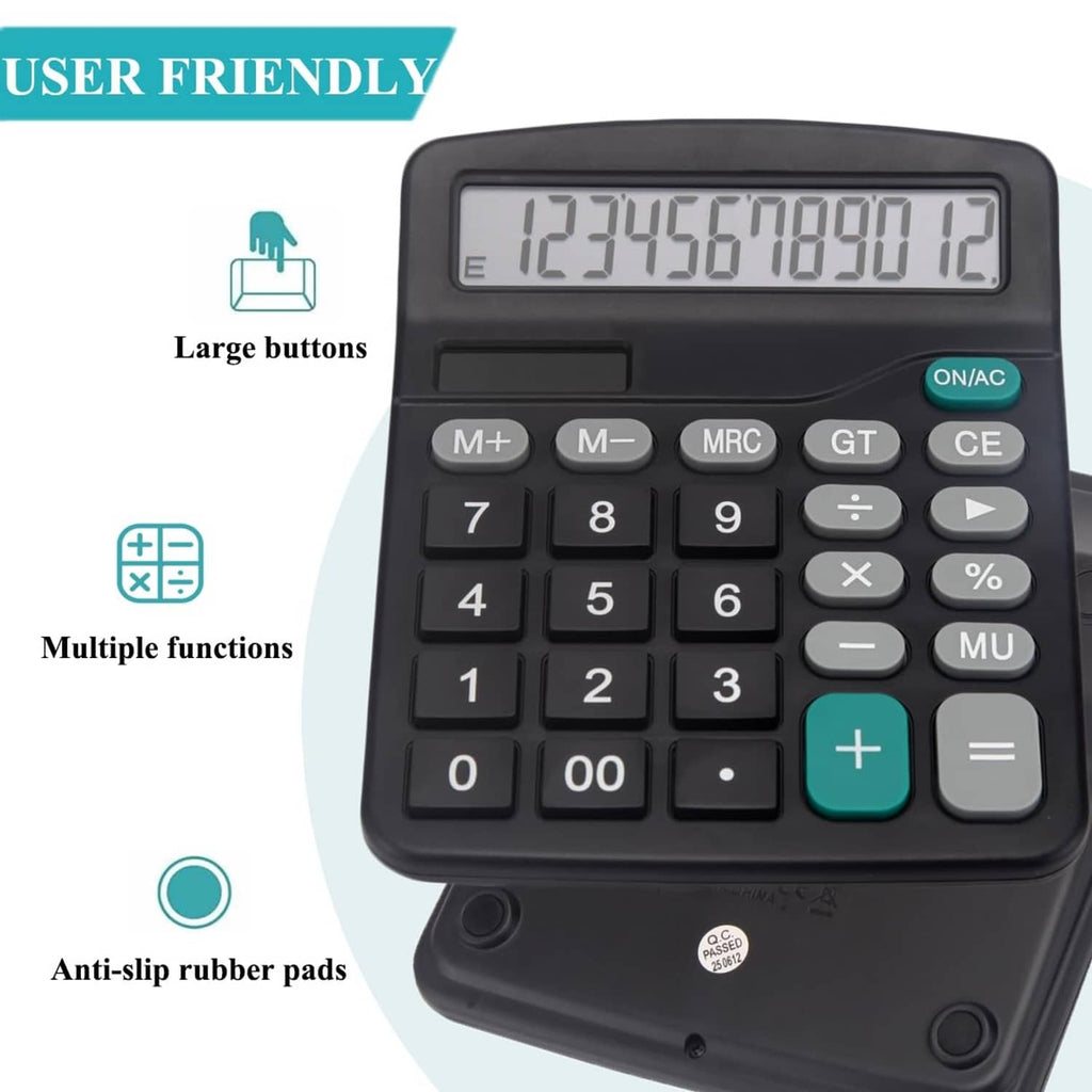 Black desk calculator with large display, bold buttons, and anti-slip rubber base