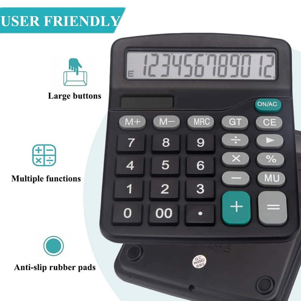 Black desk calculator with large display, bold buttons, and anti-slip rubber base