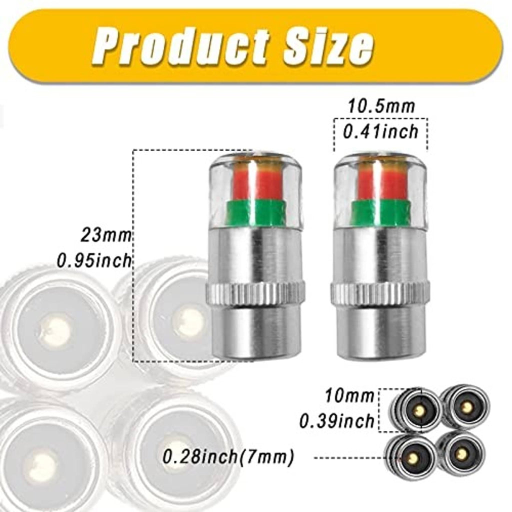 Two silver tire valve stem caps with clear window and red/green color band, shown with size