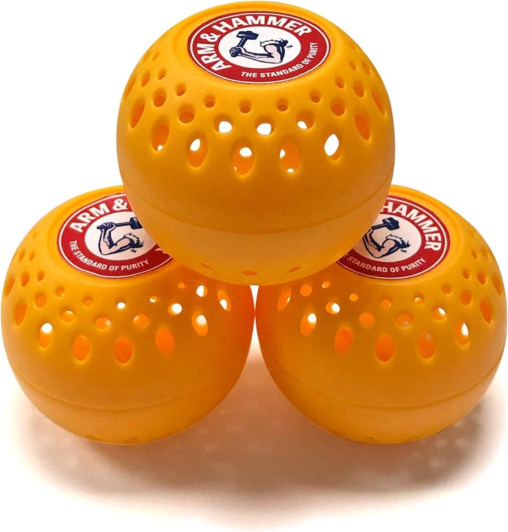Cluster of 3 orange perforated odor eliminator balls with red logo labels