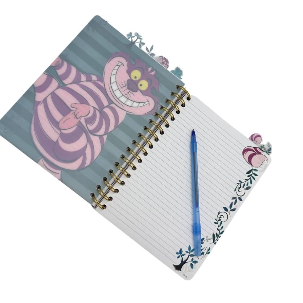 Spiral notebook opened to lined pages with cat artwork on left cover