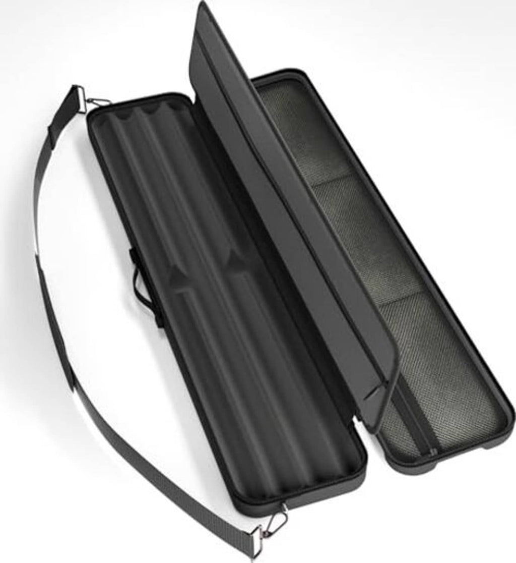 Black cue case with open lid, interior padded slots, and mesh side storage panel.