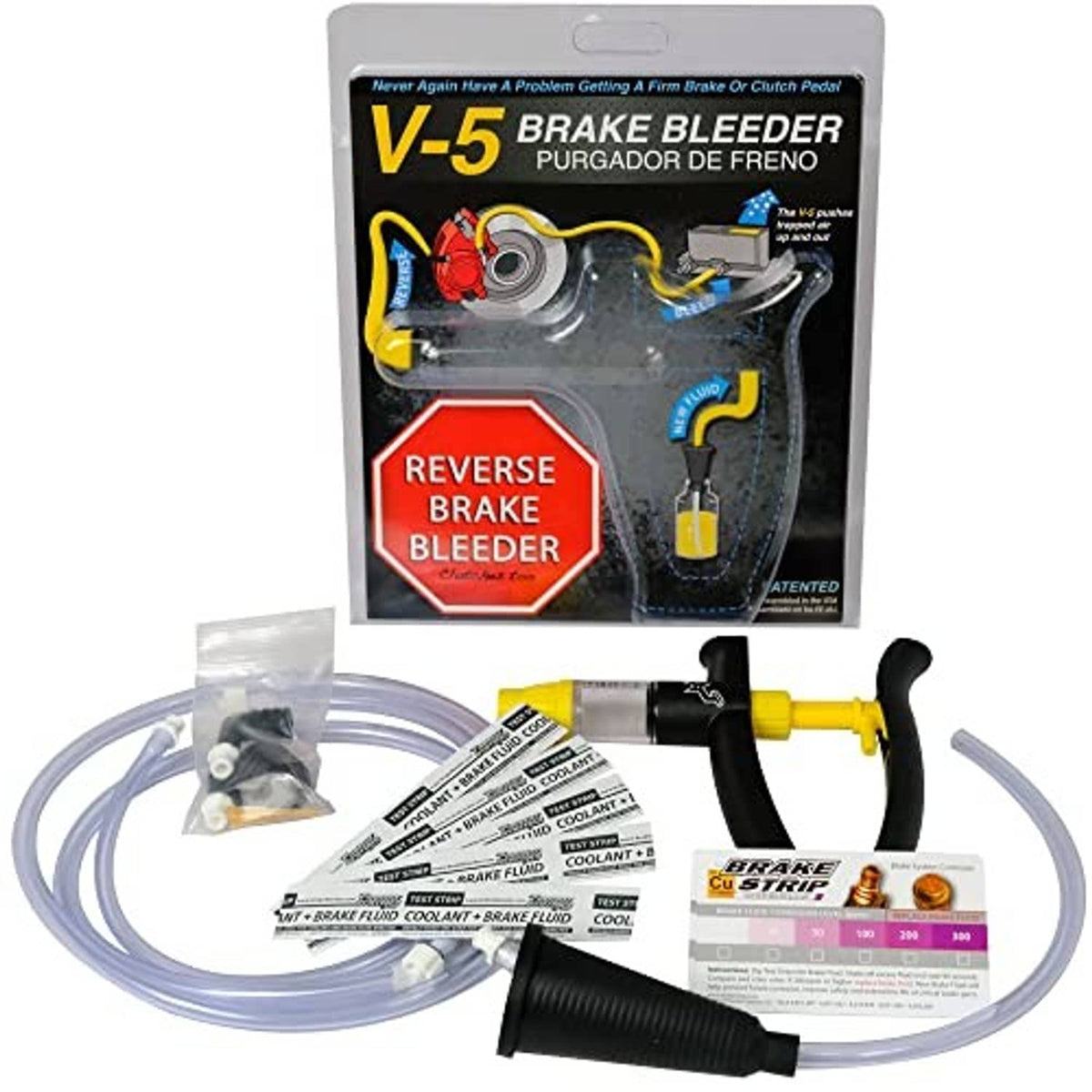 Reverse brake bleeder kit with retail box, clear tubing, yellow handle, black squeeze hose