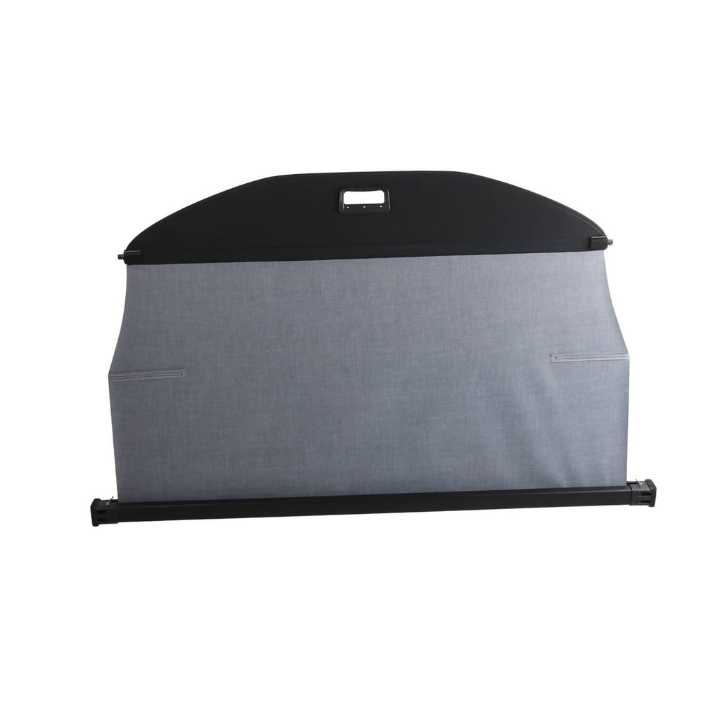 Retractable cargo cover luggage shade with black frame and light gray fabric panel