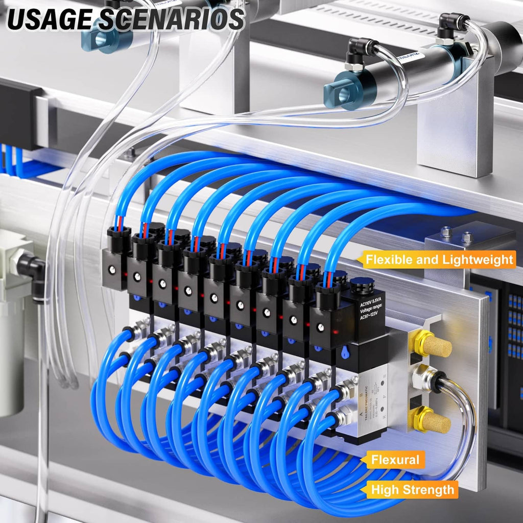 Blue PU tubing bundle routed through a multi-port pneumatic distribution block