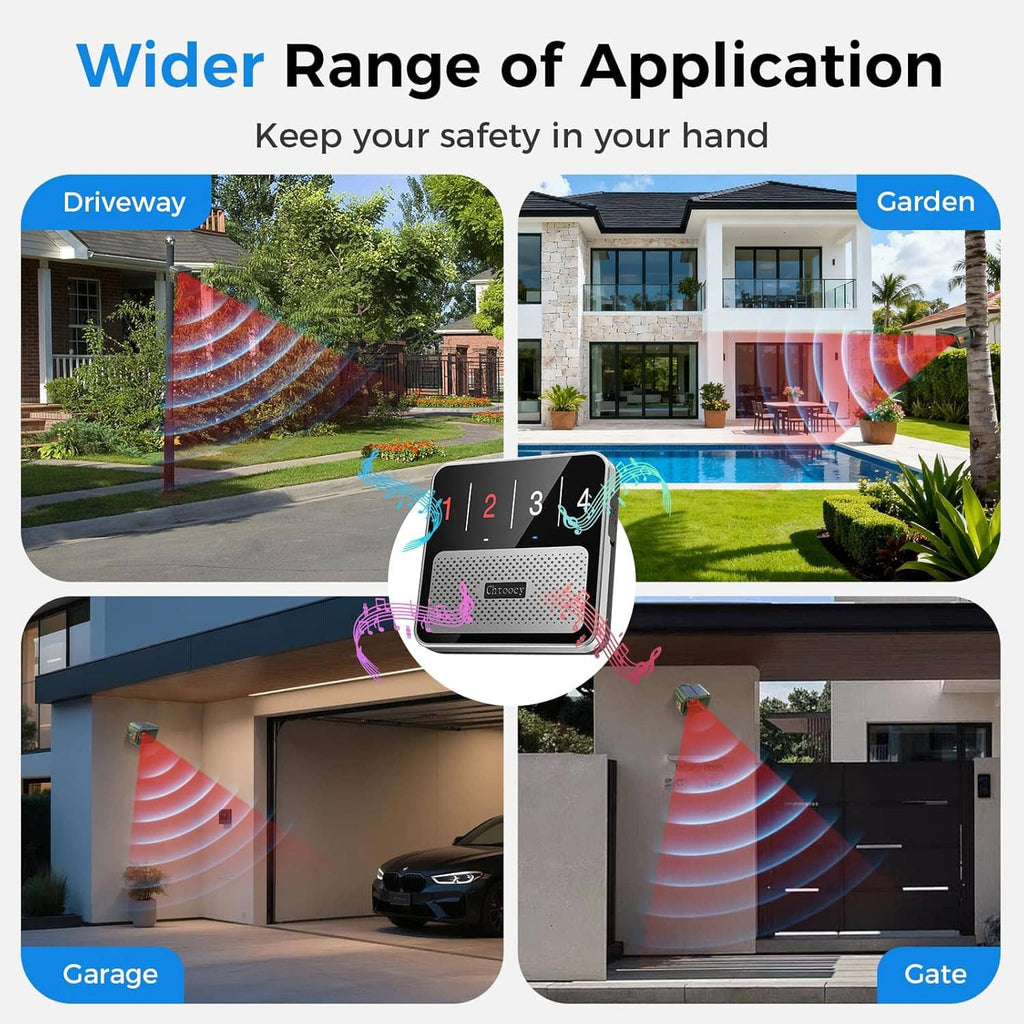 Driveway alarm remote with radar alerts for use in driveway, garage, and gate areas