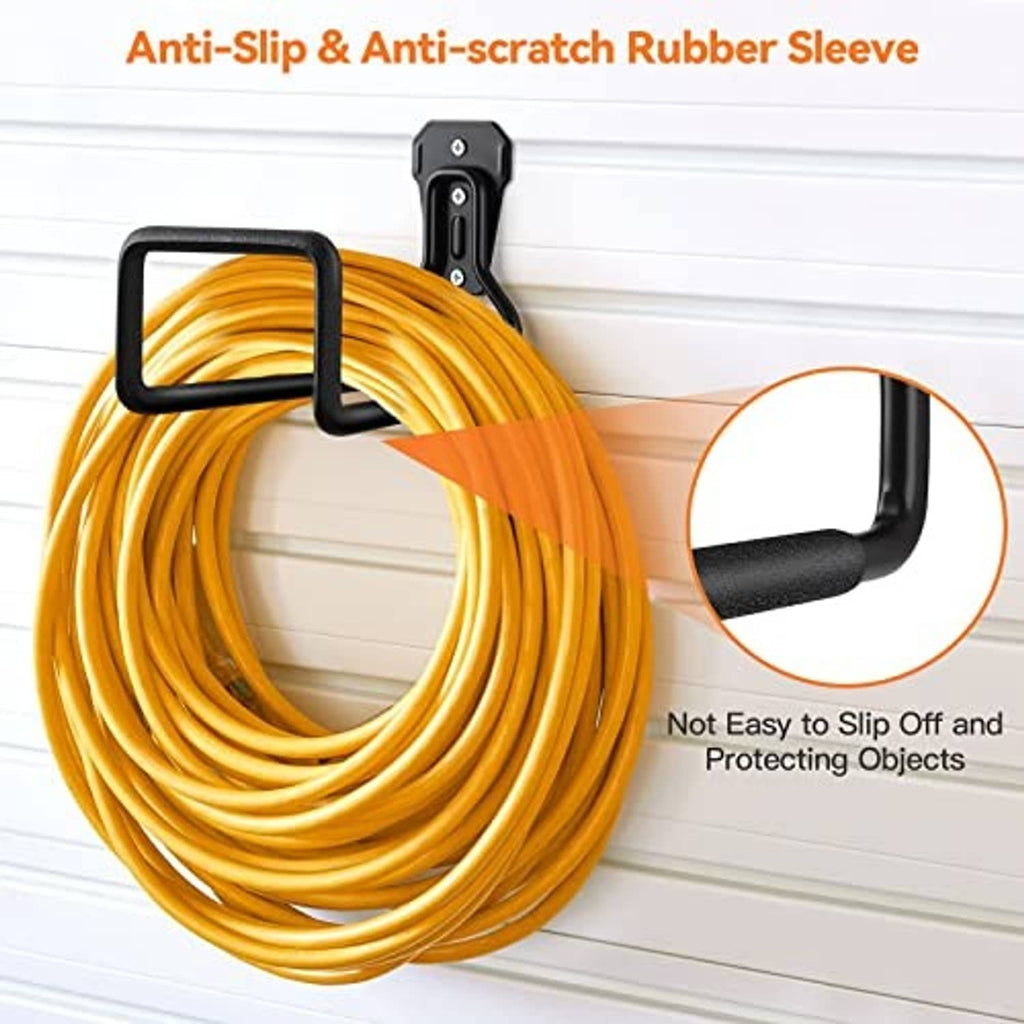 Black hose hanger bracket holding an orange hose with protective anti-slip rubber sleeve