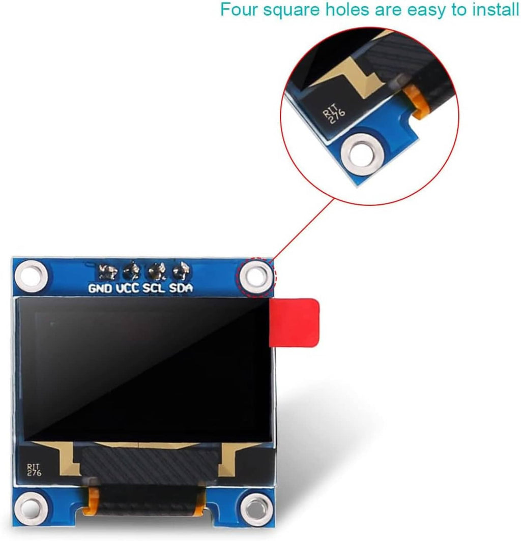 OLED SSD1306 module, blue PCB with red lead and round mounting holes.