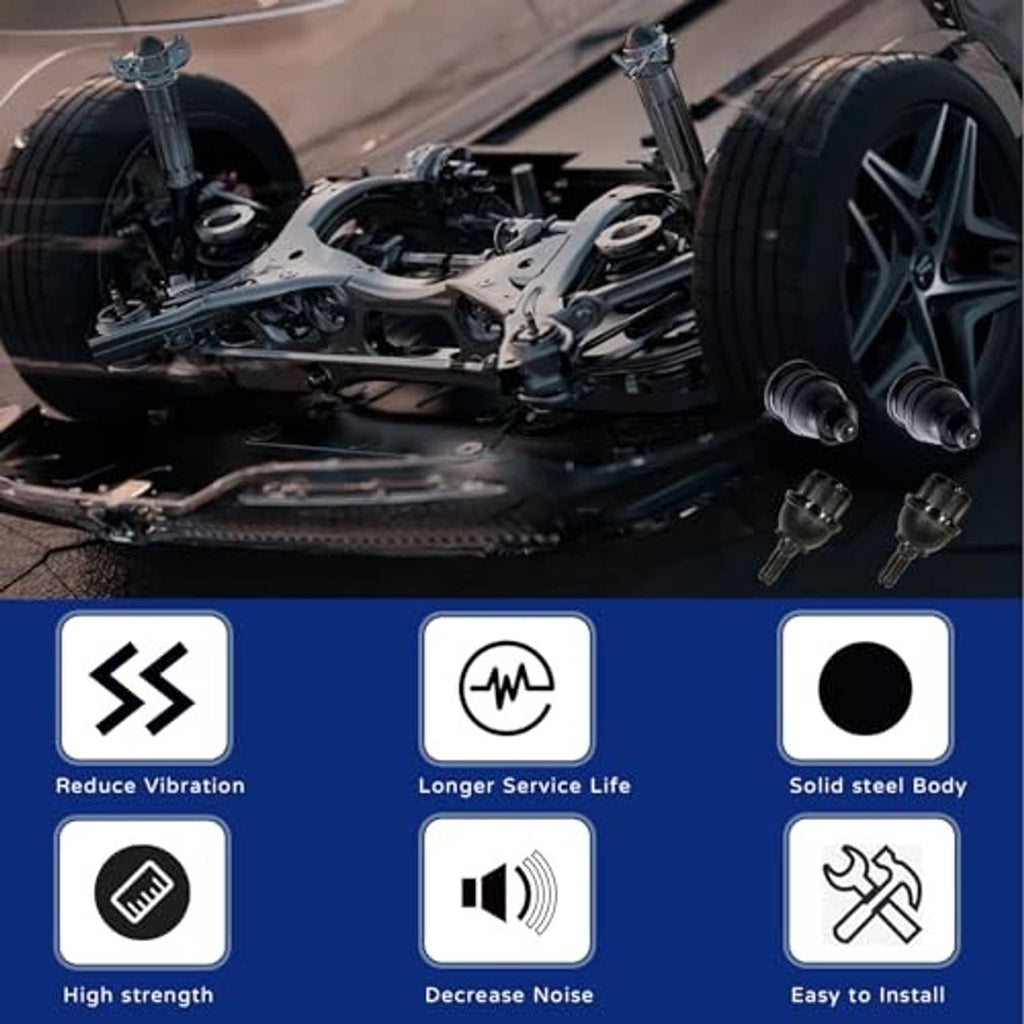 Front suspension ball joint kit with undercar installation scene and vibration-noise reduction icons