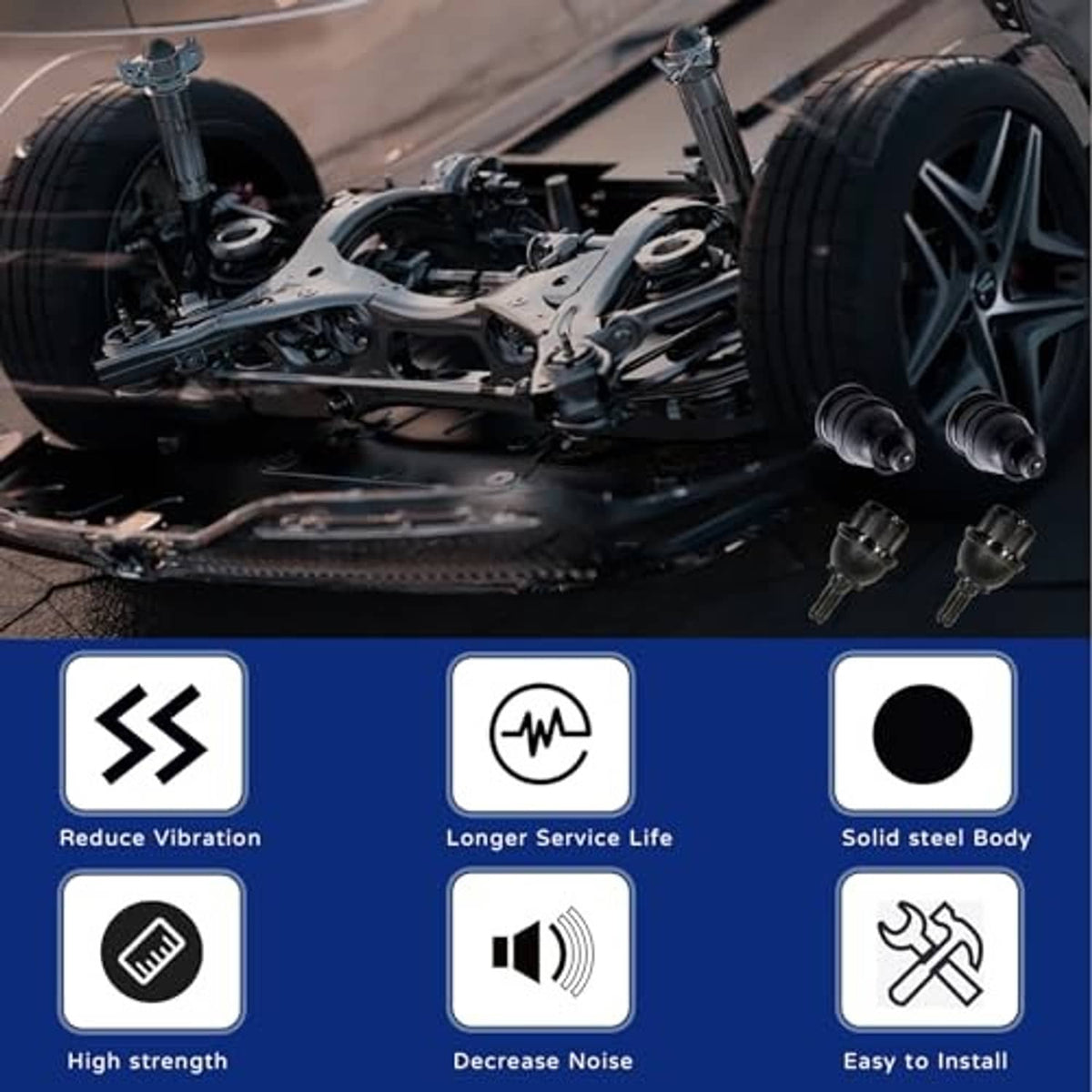 Front suspension ball joint kit with undercar installation scene and vibration-noise reduction icons