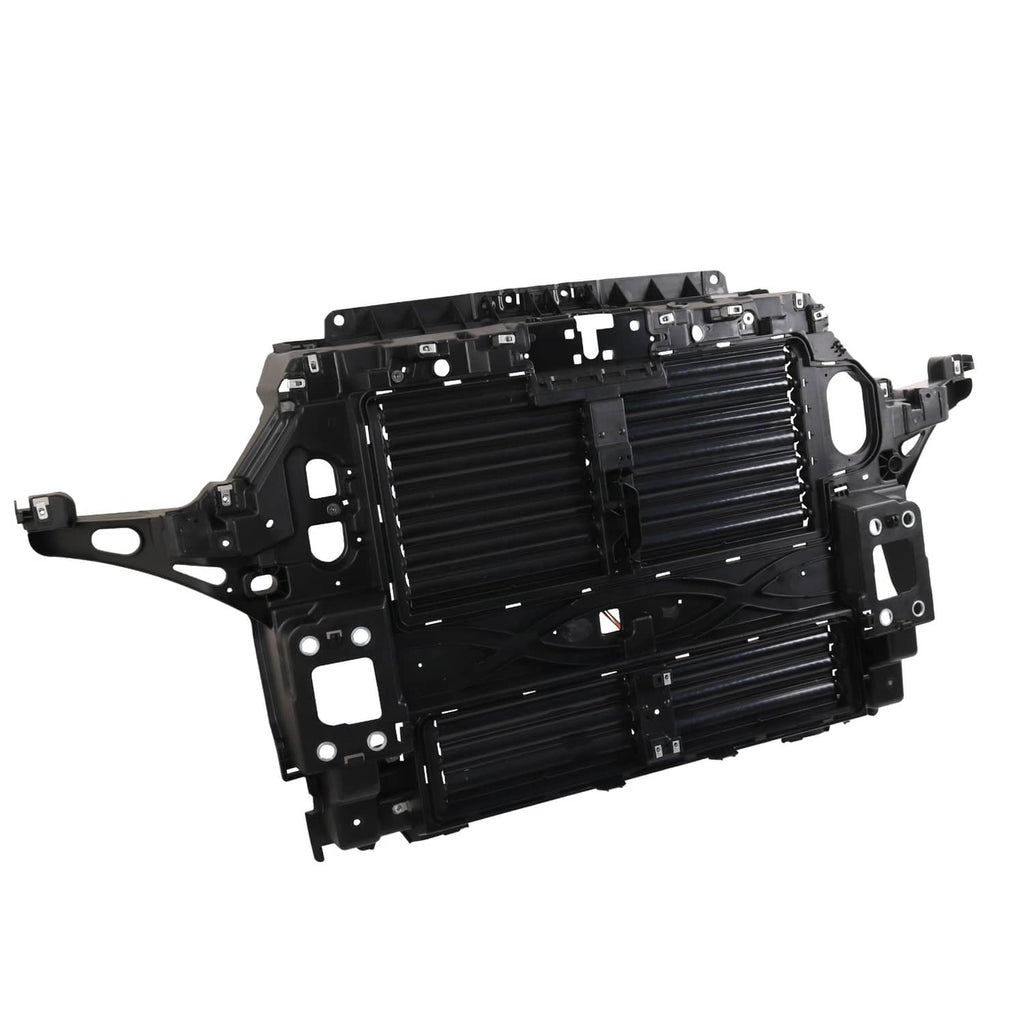Active grille shutter motor assembly with black mounting frame and louvered grille core
