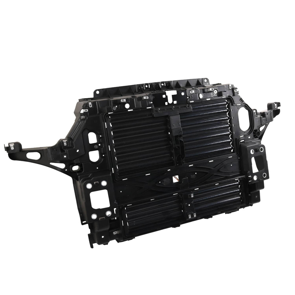 Active grille shutter motor assembly with black mounting frame and louvered grille core