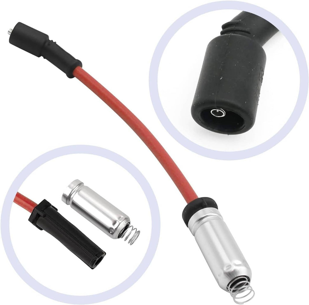 Spark plug wire end with red lead, black rubber boot, and silver connector spring.