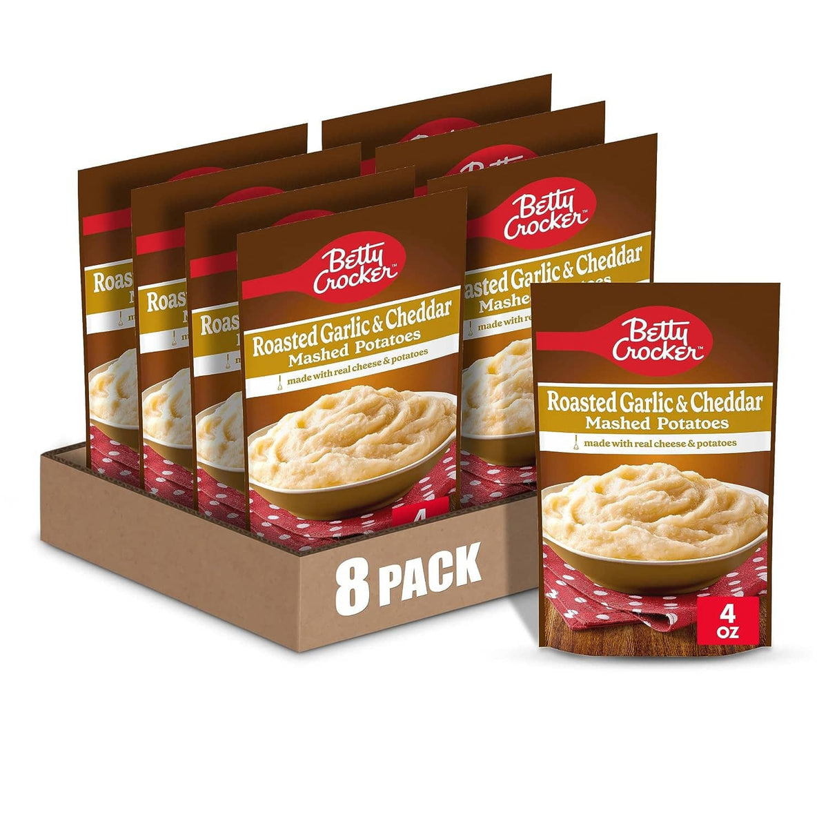 Roasted garlic cheddar mashed potatoes bundle, 8-pack carton with 4 oz pouch