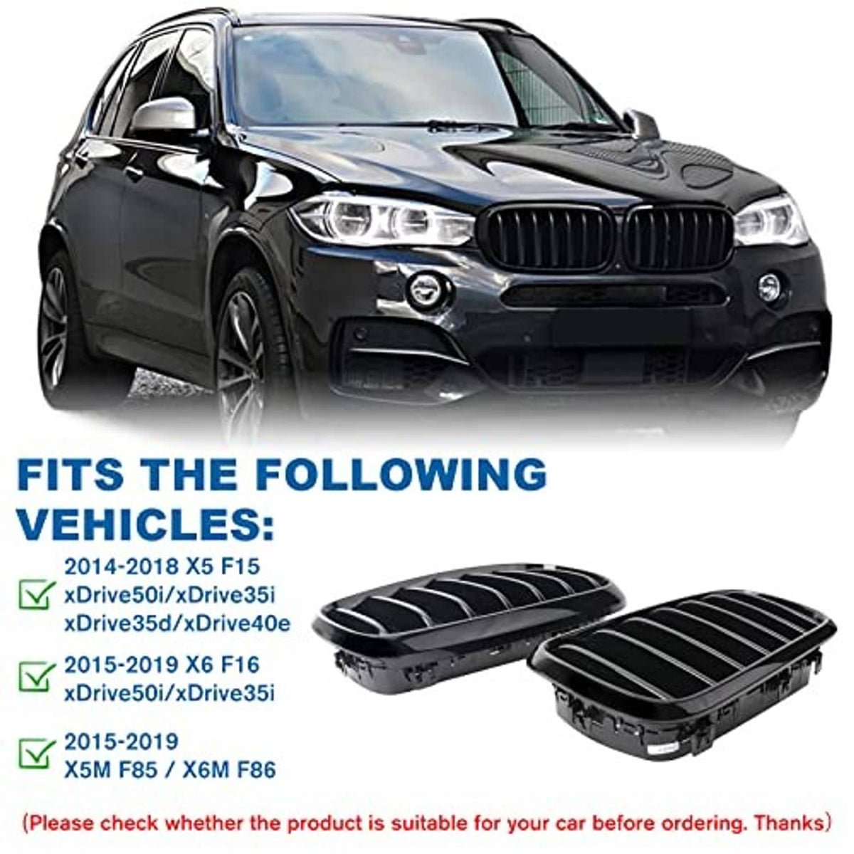 Gloss black front kidney grilles with single vertical slats on a dark SUV front fascia.