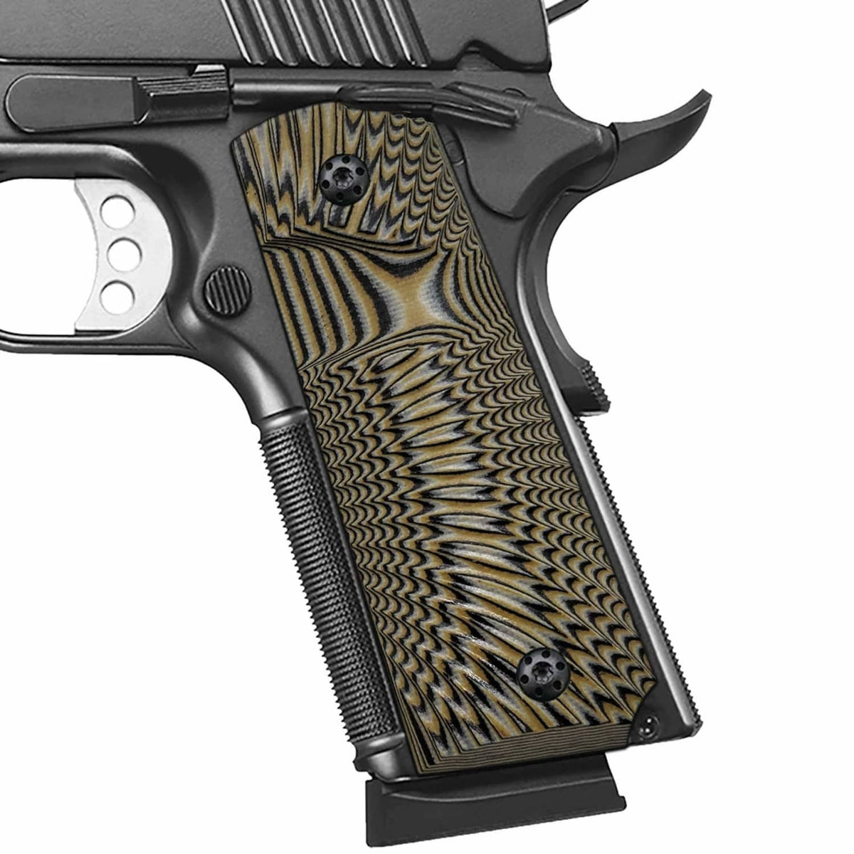 Pistol grip panels, coyote tan G10 with wavy sunburst texture and ambi screw holes