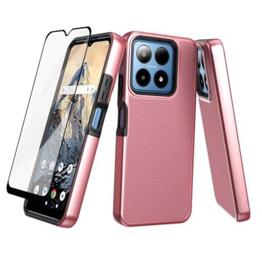 Rose gold textured phone case with screen protector, showing camera cutouts and side buttons