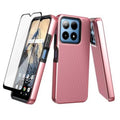 Rose gold textured phone case with screen protector, showing camera cutouts and side buttons