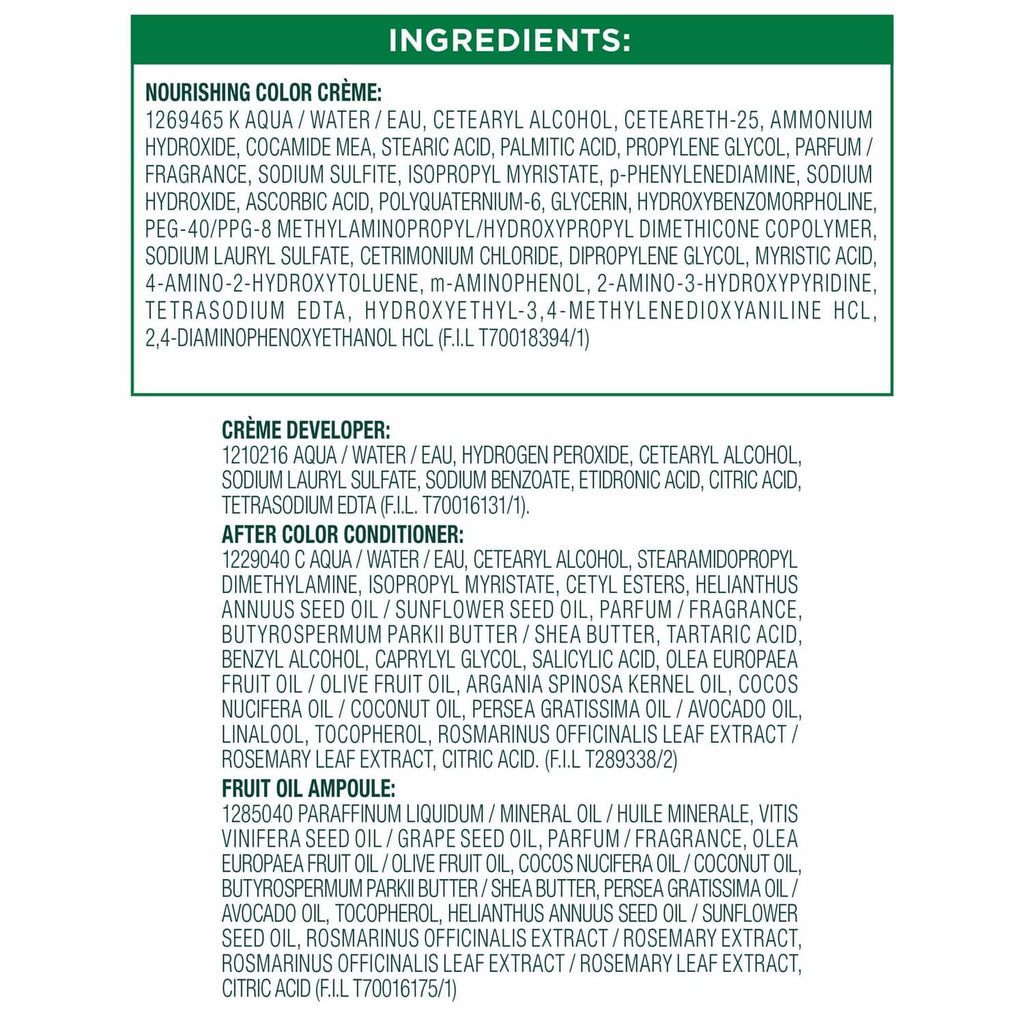 Garnier Nutrisse Ultra Creme ingredient panel for color creme, after color conditioner, ampoule.