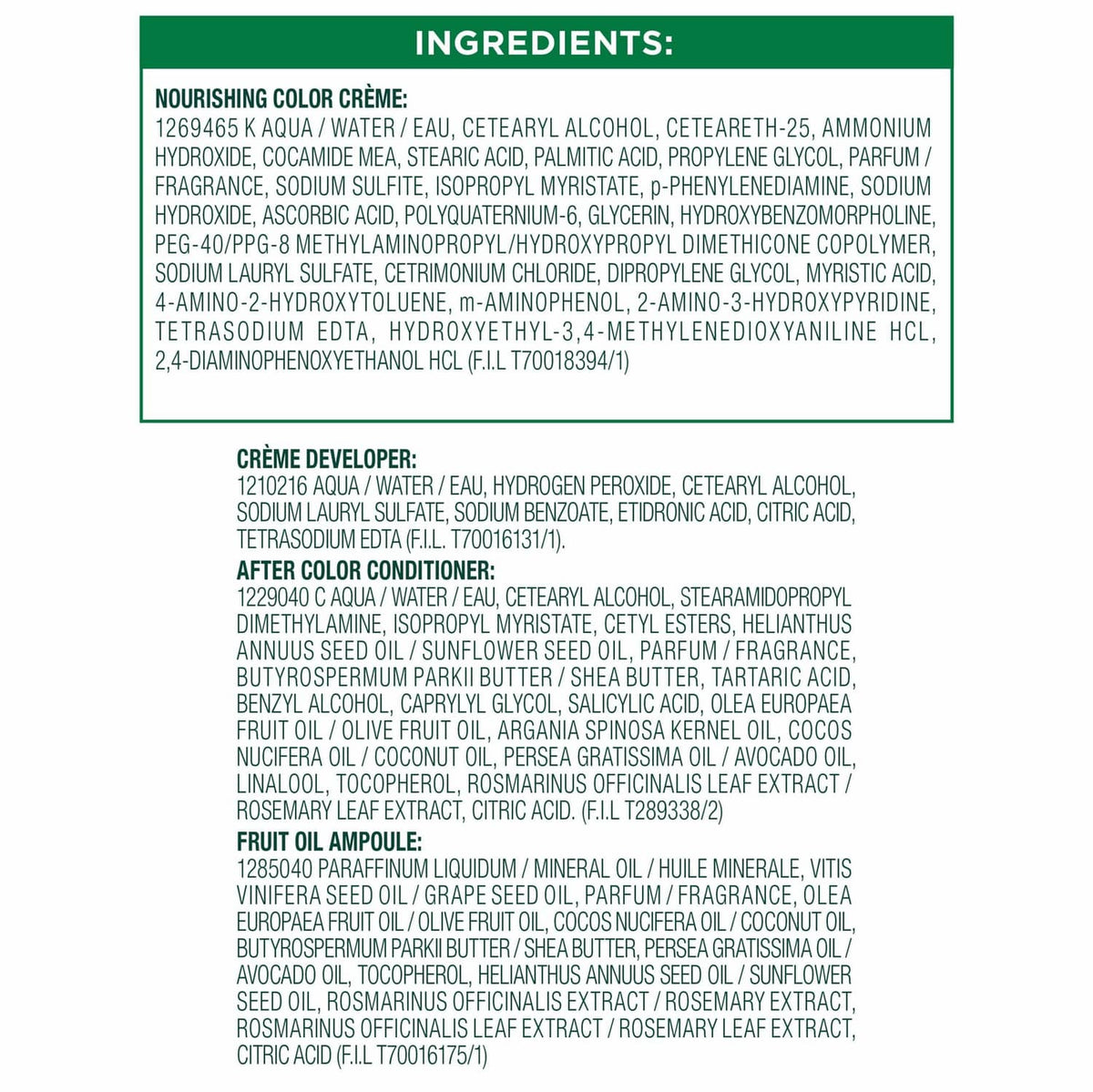Garnier Nutrisse Ultra Creme ingredient panel for color creme, after color conditioner, ampoule.