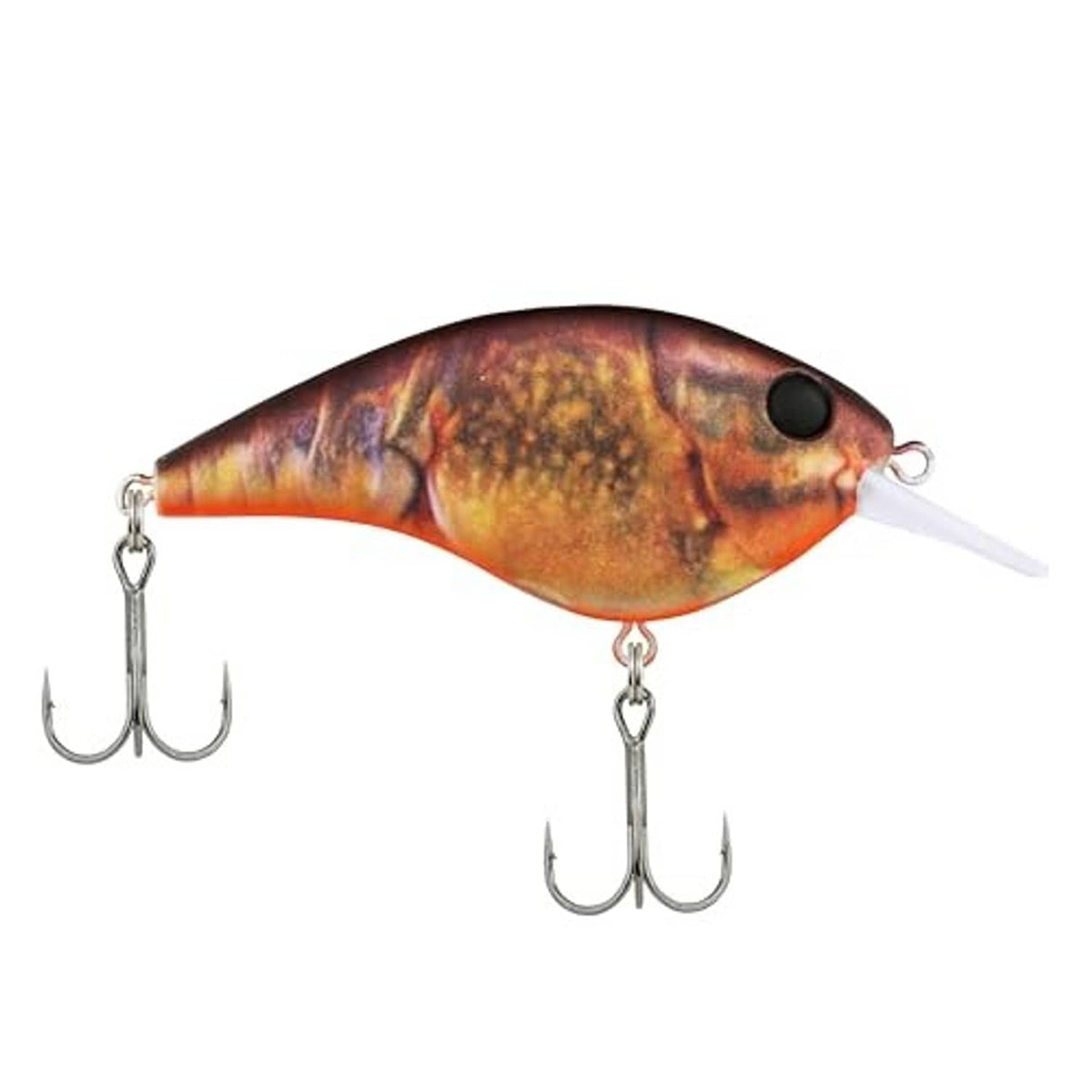 Crankbait lure with orange and brown mottled body and silver treble hooks