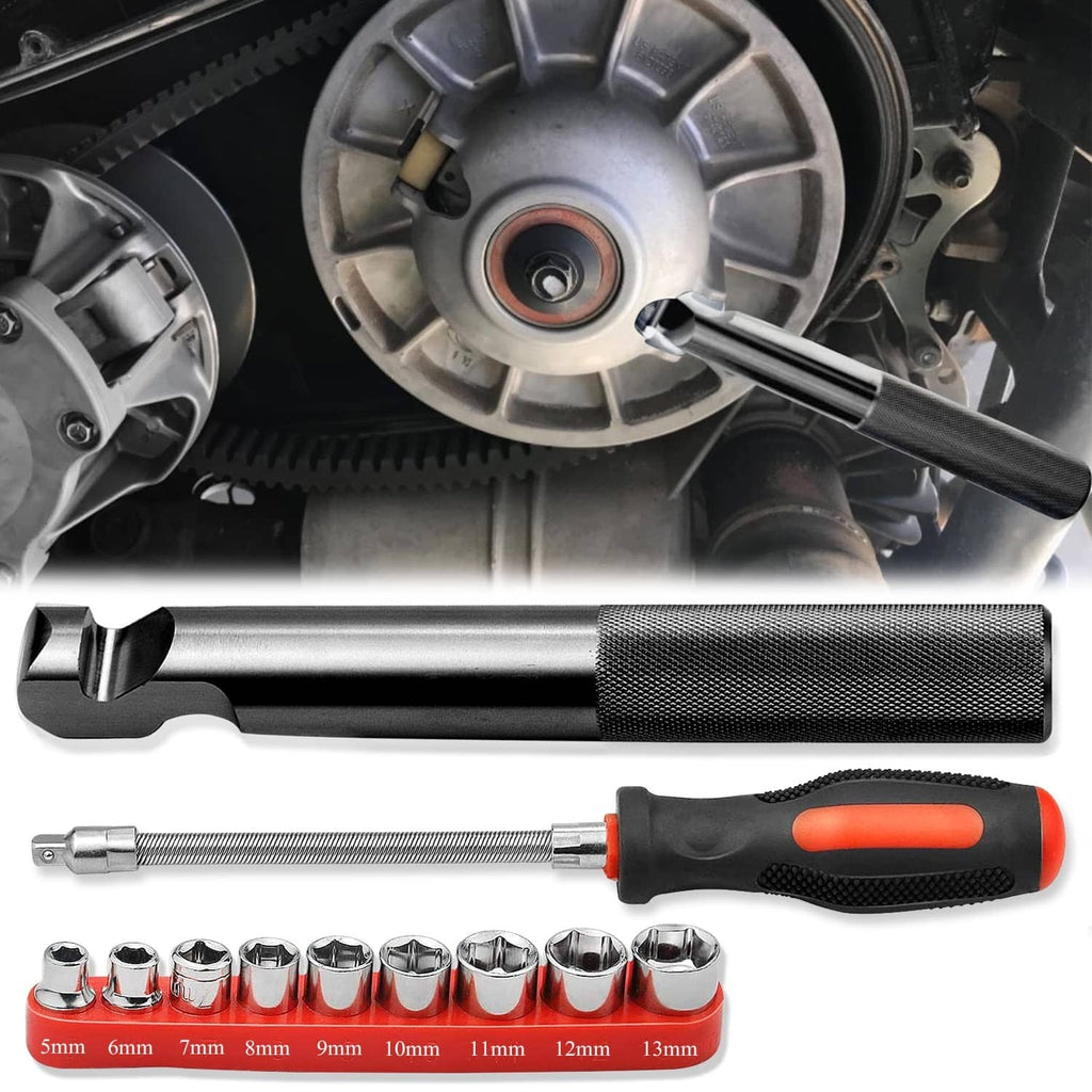 Belt changing tool bar, textured grip handle, ratchet driver, and chrome socket set