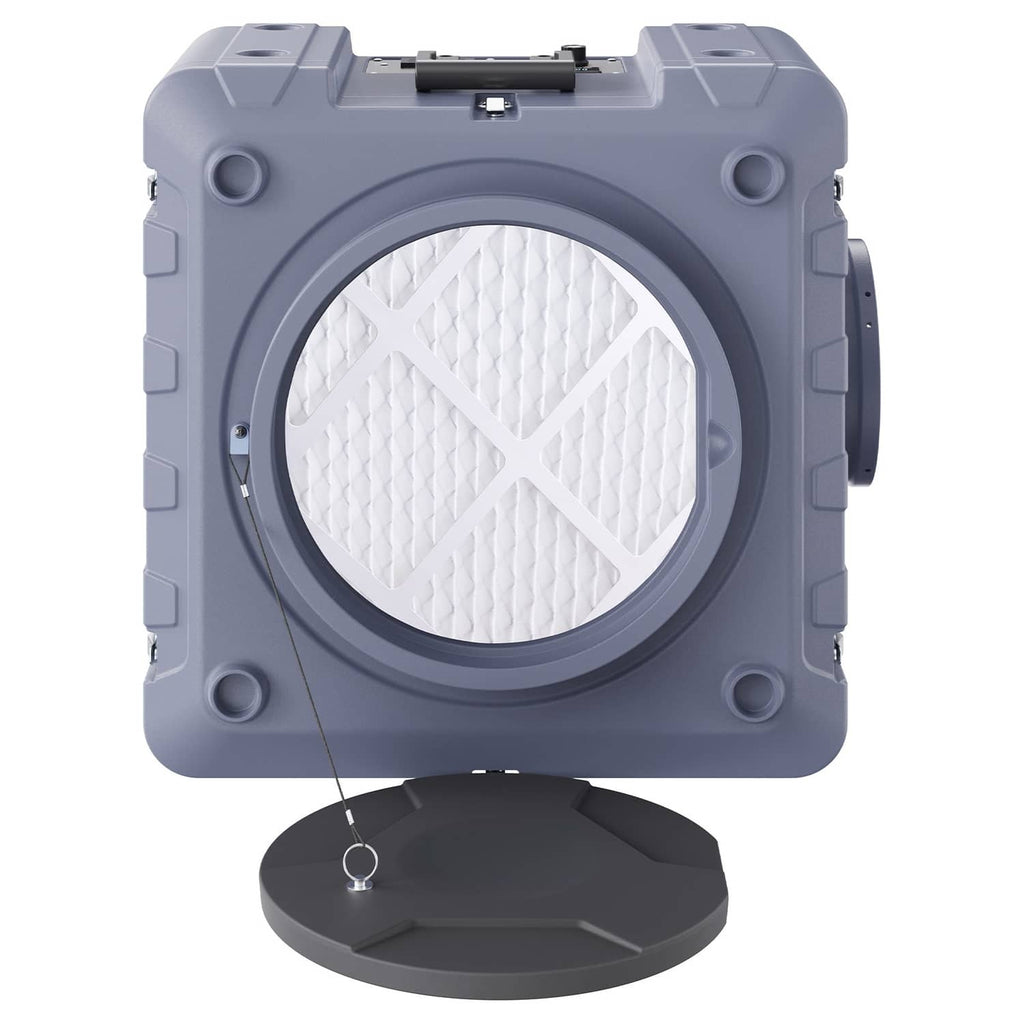 HEPA air scrubber filter housing in dark gray with circular front and white filter media