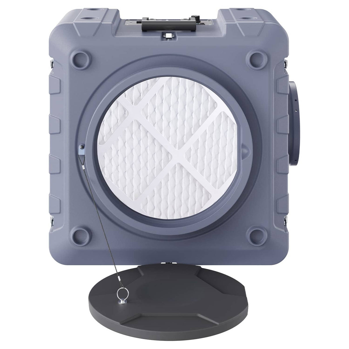 HEPA air scrubber filter housing in dark gray with circular front and white filter media